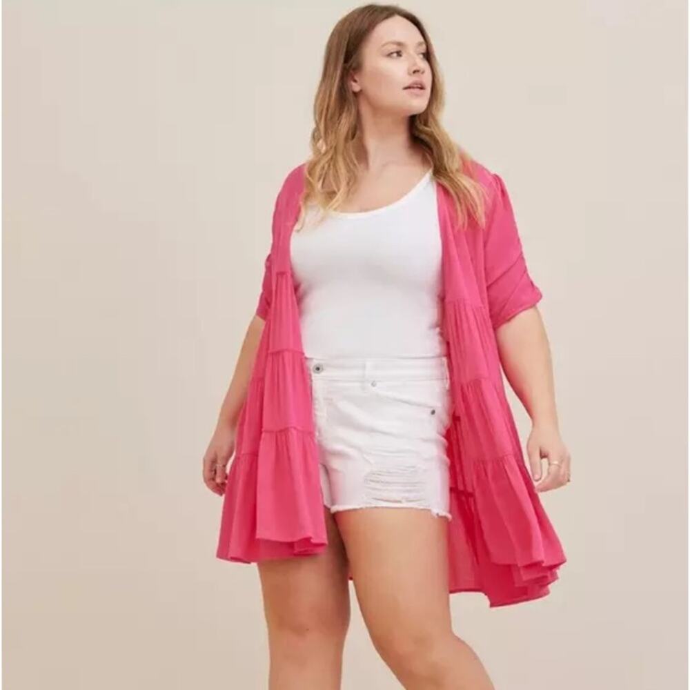 Torrid Ruffle Tiered‎ Kimono - Crinkle Gauze Neon Pink Plus 3